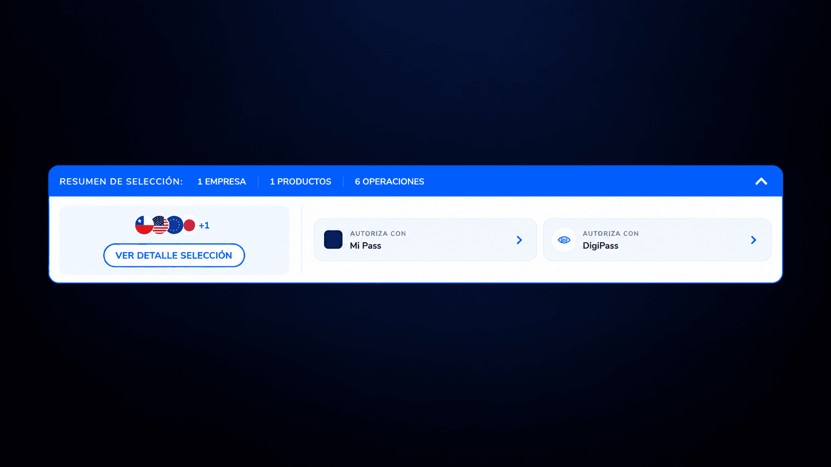 Panel de autorización dinámico que resume la selección actual